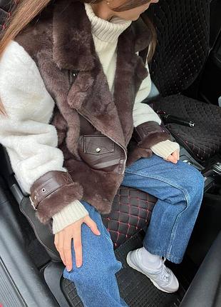 2кольори/реал📸шубка-дубленка укороченная/шуба автоледи косуха авиатор короткая коричневая черная белая из эко меха