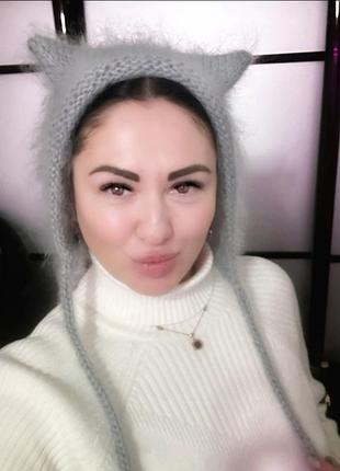 В наявності світло сіра шапка з мохеру kitty чепчик з вушками кото-шапка котошапка коточепчик