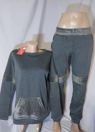 Новый очень теплый спортивный костюм темно-серого цвета трикотаж на плюше (мех) 80% хлопок