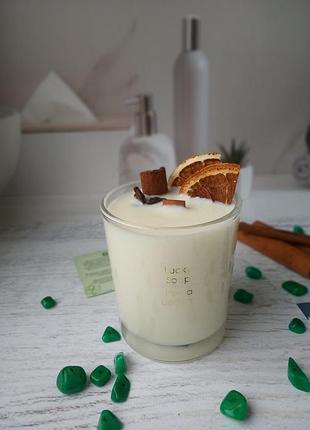 Соєва ароматична свічка з дерев'яним фітілем апельсин + шоколад 50 годин горіння2 фото