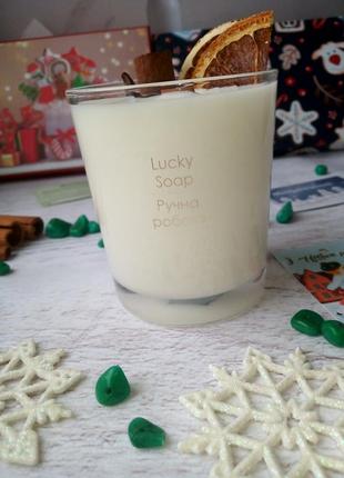 Соєва ароматична свічка з дерев'яним фітілем апельсин + шоколад 50 годин горіння6 фото