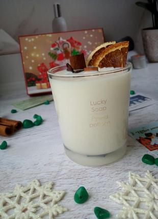 Соєва ароматична свічка з дерев'яним фітілем апельсин + шоколад 50 годин горіння5 фото