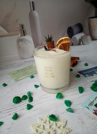 Соєва ароматична свічка з дерев'яним фітілем апельсин + шоколад 50 годин горіння9 фото