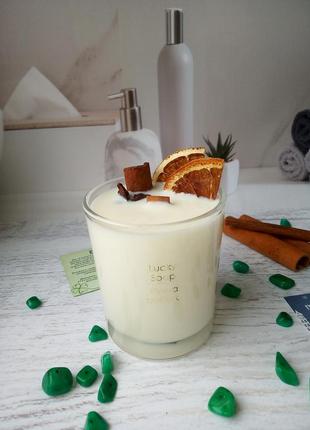 Соєва ароматична свічка з дерев'яним фітілем апельсин + шоколад 50 годин горіння3 фото