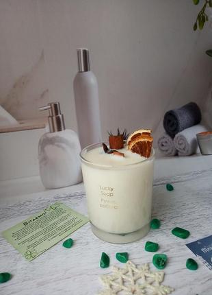 Соєва ароматична свічка з дерев'яним фітілем апельсин + шоколад 50 годин горіння4 фото