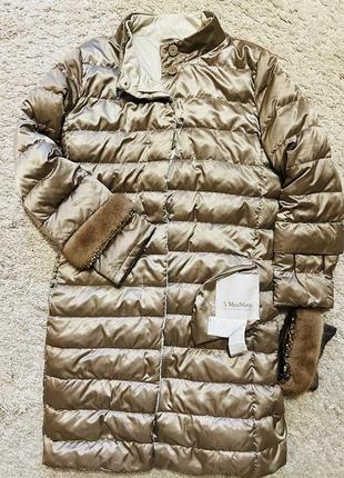 Пальто- пуховик двусторонний s maxmara оригинал бренд пуховое пальто с норкой и кристаллами 100./‘ гусиный пух размер m,l2 фото