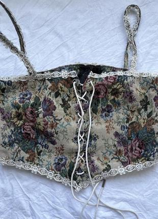 Винтажный ретро корсет гобеленовый с вышивкой цветочный топ со шнуровкой корсетный...