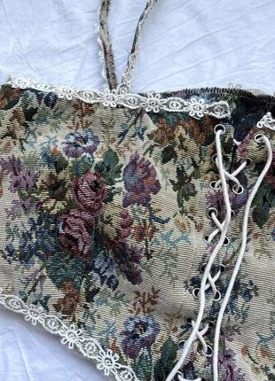 Винтажный ретро корсет гобеленовый с вышивкой цветочный топ со шнуровкой корсетный...