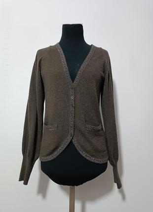 Кардиган из смесовой шерсти  коричневого цвета с окантовкой люрексом armani jeans , eu 40/usa s