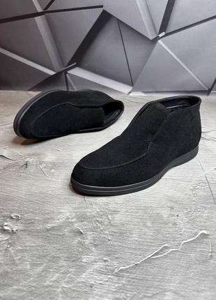Ботинки лоферы зимние мужские замшевые loro piana suede total black! натуральная замша+мех!