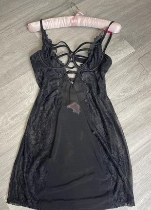 Новый пеньюар черный короткий женский мини с кружевом полупрозрачный