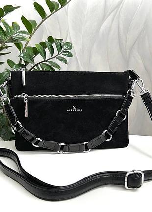 Жіноча сумка на три відділення, з натуральної замші та еко шкіри, чорна.