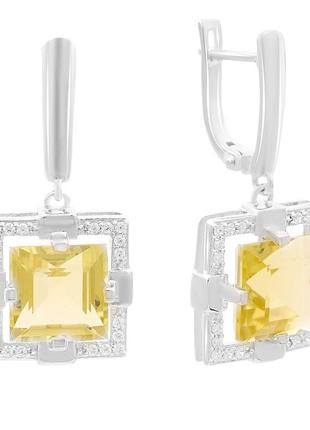Серебряные серьги с натуральным зеленим кварцем 10.08ct, фианитами (2162292)