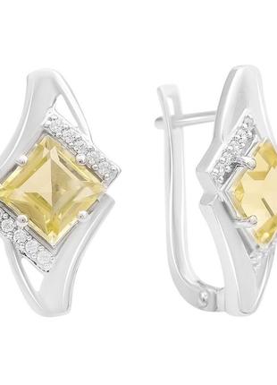 Серебряные серьги с натуральным зеленим кварцем 3.645ct, фианитами (2162261)