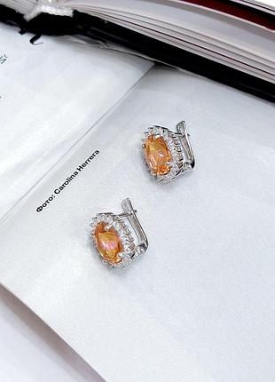 Серебряные серьги с натуральным золотим кварцем 6.17ct, фианитами (2163343)3 фото