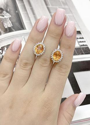 Серебряные серьги с натуральным золотим кварцем 6.17ct, фианитами (2163343)5 фото