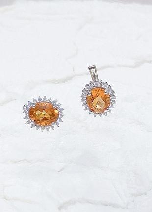 Серебряные серьги с натуральным золотим кварцем 6.17ct, фианитами (2163343)6 фото