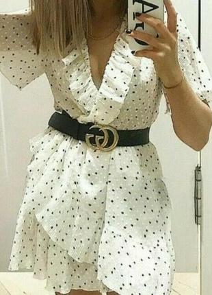 Біла коротка сукня в горошок з рюшами від zara