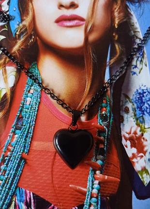 Готический набор черная цепочка, подвеска стеклянное сердце, готика, колье. сталь, медсталь