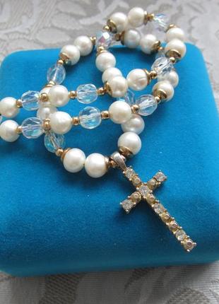 Колье натуральный жемчуг  с подвеской крестик