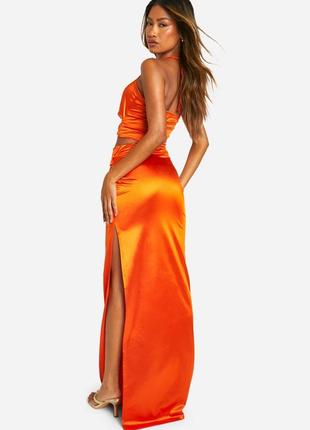 Платье в пол, макси, оранжевое, с кольцом, с разрезом, на одно плечо