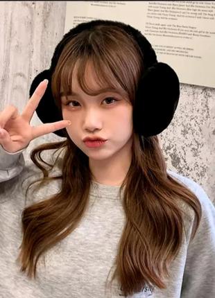 Черные меховые наушники зимние, зимние наушники жеэнские, пушистые, мягкие эко наушники от ветра