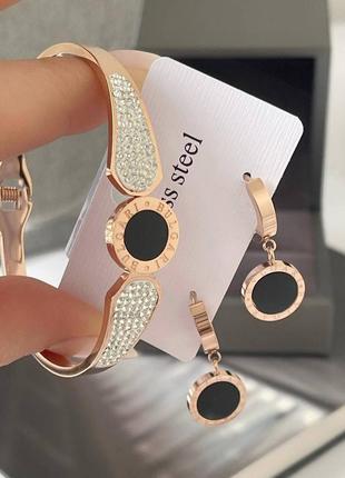 Набор медсталь, буллгари bvlgari, серьги черный круг, браслет разъемный