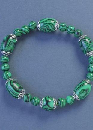 Браслет малахит (прес) овал + шарик + метал вставки