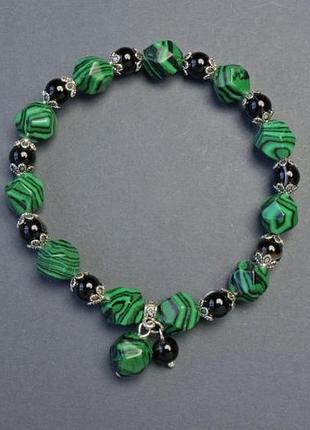 Браслет малахіт багатограник +  агат кулька + підвіски + метал вставки