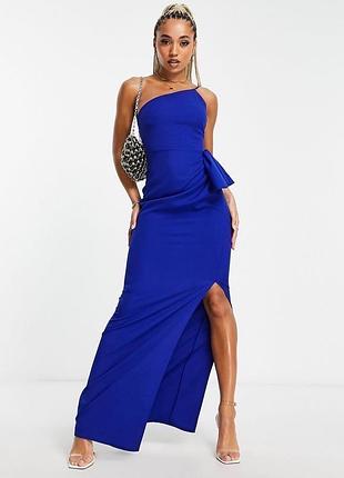 Синее платье макси на одно плечо с разрезом на бедре trendyol