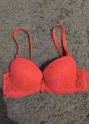 Невероятно красивый бюстгальтер яркий кислотный оранжевый кружево пуш-ап