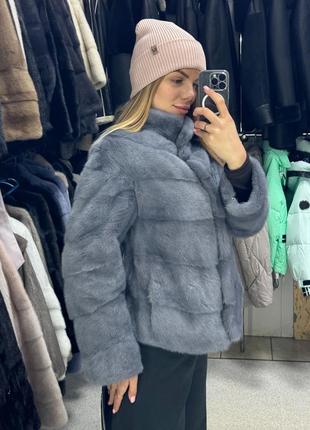 Шуба норкова шуба блакитна шуба жіноча шуба стійка 65см2 фото