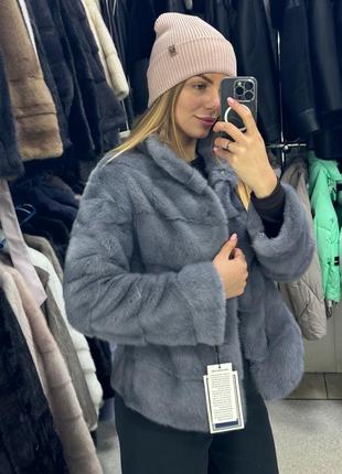 Шуба норкова шуба блакитна шуба жіноча шуба стійка 65см5 фото