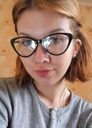 Черные очки кошечки с прозрачной линзой поликарбонат очки лисички черная оправа