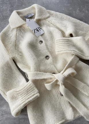 Вовняний кардиган zara кофта вʼязана з поясом светр свитер шерстяной