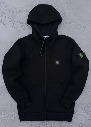 Зимний худи зипер stone island, черная кофта на молнии премиум качества