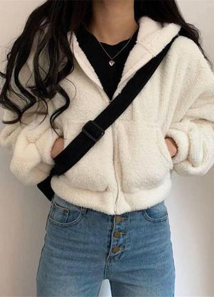 Пушистая женская кофта тедди с молнией с капюшоном