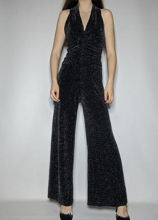 Черный брючный блестящий комбинезон люрекс длинные широкие штанины палаццо с драпировкой сборкой новогодний новый год праздничный люрексовый