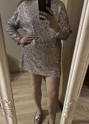 Новое эффектное модное короткое платье с длинным рукавом в пайетки 50-52 р zara9 фото