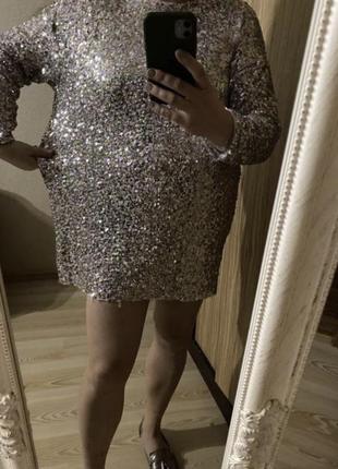 Новое эффектное модное короткое платье с длинным рукавом в пайетки 50-52 р zara2 фото