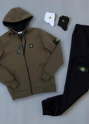 Теплий зимовий спортивний костюм stone island преміум якості, худі зіпер + чорні штани