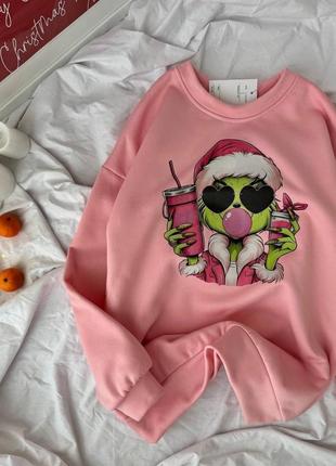 Новогодний теплый женский свитшот с принтом базовый уютный на флисе зимний