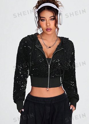 Курточка бомбер топ в паєтках з капюшоном