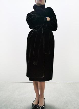 Длинное пальто женское черное искусственный мех zara new