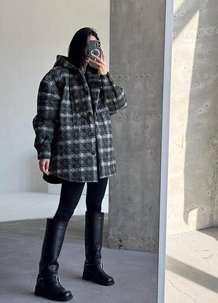 Сорочка утеплена з капюшоном в клітинку хакі фланель