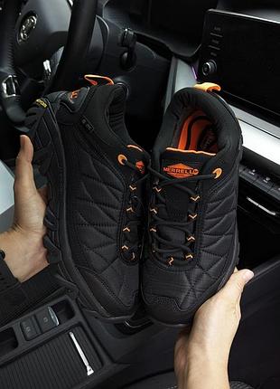 Мужские кроссовки merrell ice cap quilted moc 3m thinsulate черные оранжевым (gore-tex)❄️