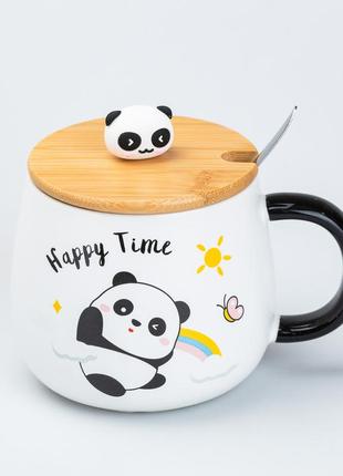 Чашка 450 мл з бамбуковою кришкою та ложкою керамічна панда "happy time"3 фото