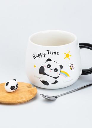 Чашка 450 мл з бамбуковою кришкою та ложкою керамічна панда "happy time"2 фото