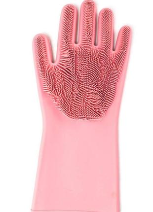 Силіконові рукавички для миття та чищення magic silicone gloves з ворсом пудрові
