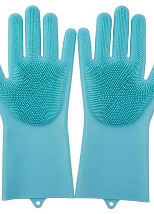 Силіконові рукавички для миття та чищення magic silicone gloves з ворсом блакитні